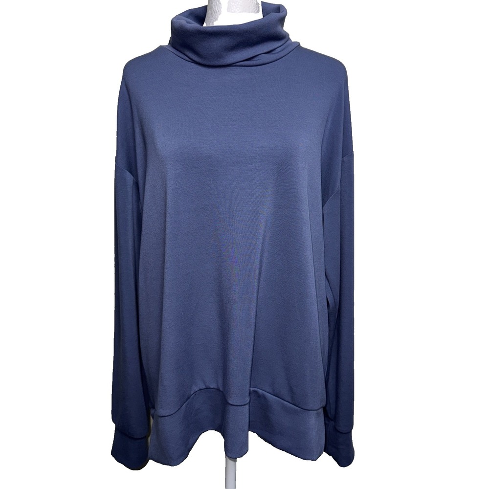 BCBG Paris Turtleneck Sweatshirt Large L Blue Knit Slit Pullover Top Mock Cowl